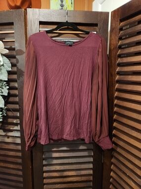 Premise Women's Pleated Sheer Long Sleeve Blouse - Burgundy